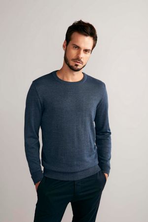 Tricot Básico Gola Careca Slim Fit - Azul Índigo