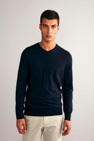 Tricot Gola V Liso - Azul Marinho