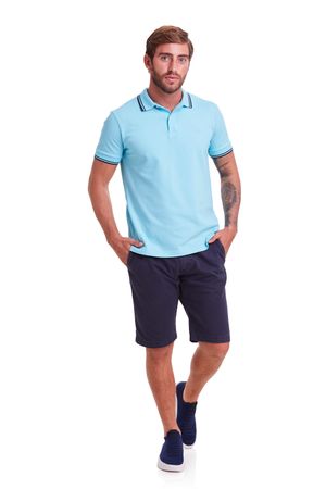 Polo Manga Curta Piquet Básica Slim Fit - Azul Acqua