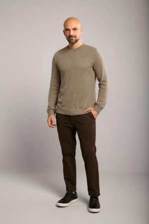 Tricot Gola Careca Básico Liso Slim Fit - Khaki