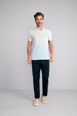 Polo Manga Curta Malha Slim Fit - Cinza Neblina / Azul Safira