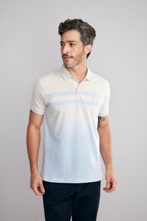 Polo Manga Curta Malha Slim Fit - Cinza Neblina / Azul Safira