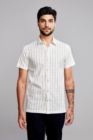 Camisa Manga Curta Xadrez Slim Fit - Cinza Claro