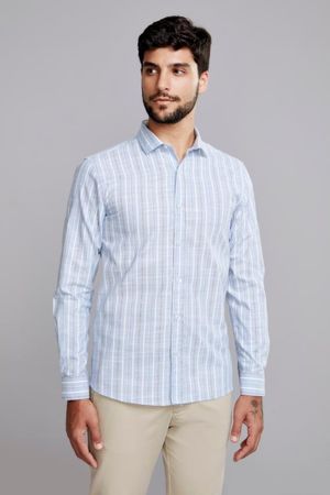 Camisa Manga Longa Fio Tinto Slim Fit - Azul Claro
