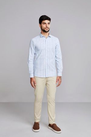 Camisa Manga Longa Fio Tinto Slim Fit - Azul Claro