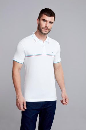 Polo Manga Curta Malha Slim Fit - Branco / Azul Cobalto