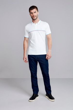 Polo Manga Curta Malha Slim Fit - Branco / Azul Cobalto
