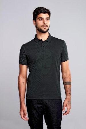 Polo Manga Curta Jacquard Slim Fit - Preto / Verde Floresta