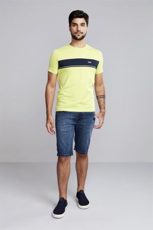 Camiseta Manga Curta Malha Slim Fit - Verde Limão / Azul Marinho