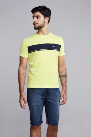 Camiseta Manga Curta Malha Slim Fit - Verde Limão / Azul Marinho