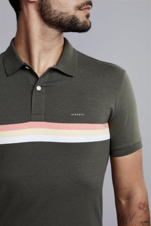 Polo Manga Curta Malha Slim Fit - Verde Escuro / Rosa Salmão