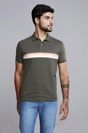 Polo Manga Curta Malha Slim Fit - Verde Escuro / Rosa Salmão