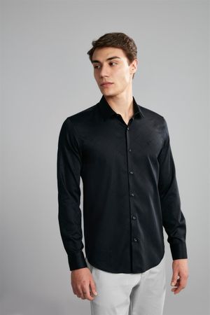 Camisa Manga Longa Jacquard Slim Fit - Preto