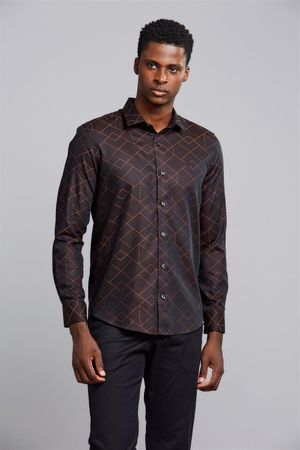 Camisa Manga Longa Jacquard Slim Fit - Marrom