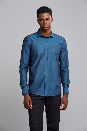 Camisa Manga Longa Algodão Egípcio Classic Fit - Azul Médio