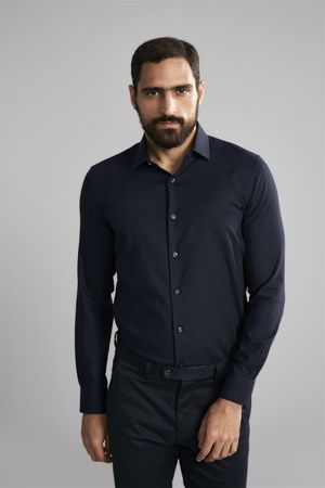 Camisa Manga Longa Microdesenhos Slim Fit - Azul Marinho