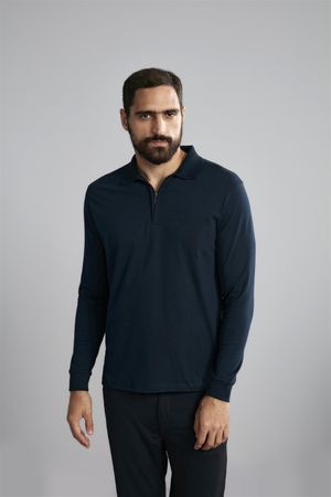 Polo Manga Longa com Zíper Comfort Premium - Azul Marinho