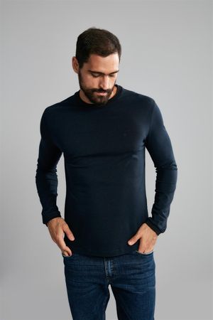 Camiseta Manga Longa Malha Slim Fit - Preto / Azul Marinho