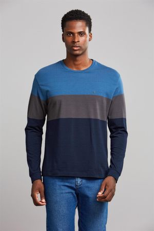 Camiseta Manga Longa Comfort Malha - Azul Medio / Azul Marinho