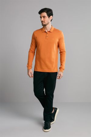 Polo Manga Longa Premium Jacquart Slim Fit - Marrom Caramelo