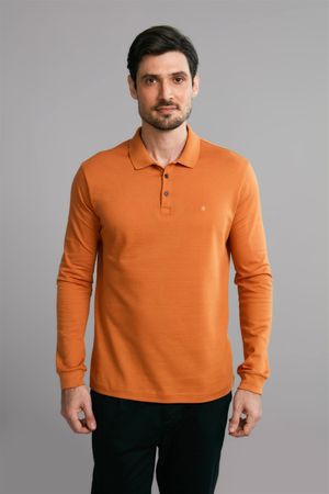 Polo Manga Longa Premium Jacquart Slim Fit - Marrom Caramelo