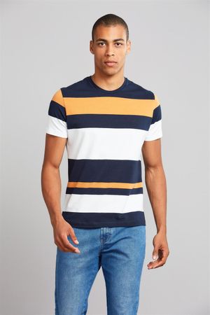 Camiseta Manga Curta Malha Slim Fit - Azul Marinho / Amarelo Mostarda