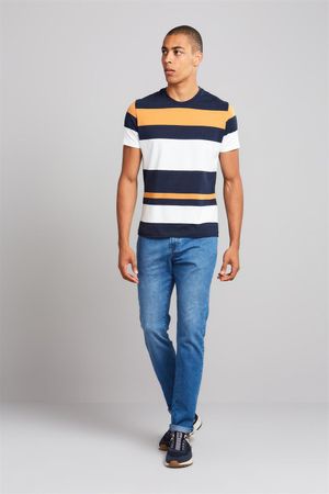 Camiseta Manga Curta Malha Slim Fit - Azul Marinho / Amarelo Mostarda