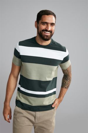 Camiseta Manga Curta Malha Slim Fit - Verde Escuro / Azul Claro