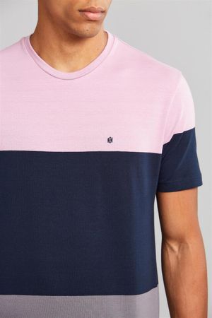 Camiseta Manga Curta Comfort Malha - Rosa Claro / Azul Marinho