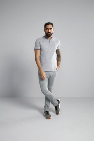 Polo Manga Curta com Zíper Piquet Slim Fit - Cinza Escuro / Branco