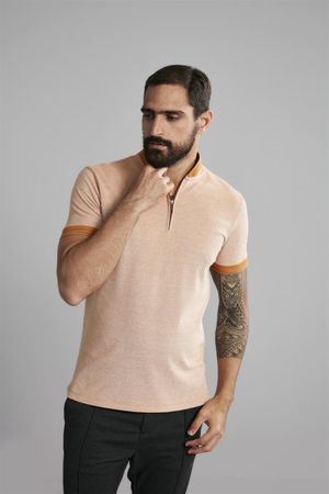 Polo Manga Curta com Zíper Piquet Slim Fit - Amarelo Mostarda / Branco