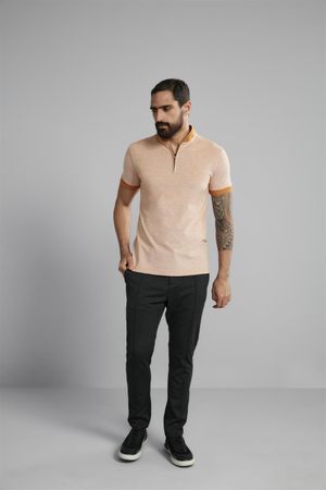 Polo Manga Curta com Zíper Piquet Slim Fit - Amarelo Mostarda / Branco