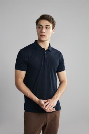 Polo Manga Curta Premium Jacquart Slim Fit - Azul Marinho