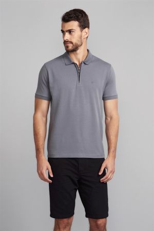 Polo Manga Curta com Zíper Comfort Básica  - Cinza Escuro