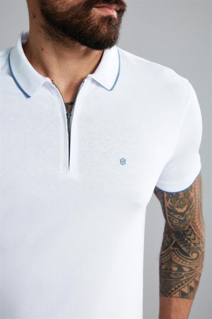 Polo Manga Curta com Zíper Slim Fit - Branco