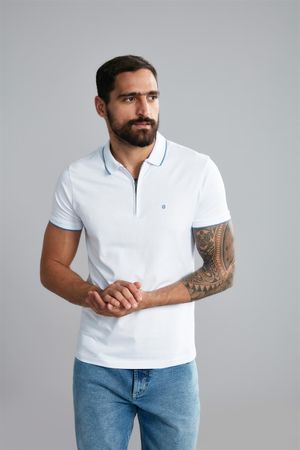 Polo Manga Curta com Zíper Slim Fit - Branco