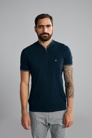 Polo Manga Curta Básica Malha Slim Fit - Azul Marinho