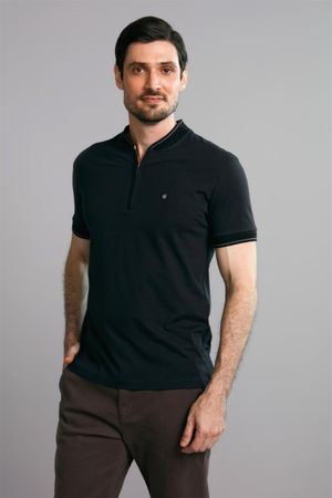 Polo Manga Curta com Zíper Básica Malha Slim Fit - Preto