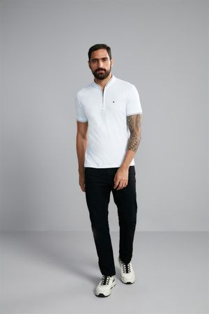 Polo Manga Curta com Zíper Básica Malha Slim Fit - Branco