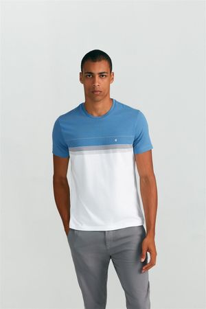 Camiseta Manga Curta Malha Slim Fit - Azul Médio / Branco