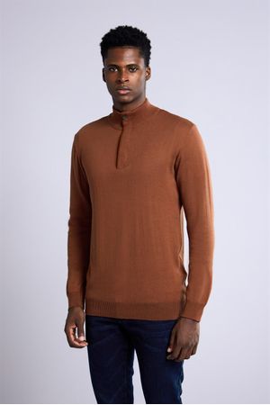 Tricot Gola Alta com Meio Zíper- Marrom Avermelhado