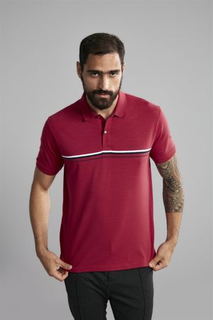 Polo Manga Curta Comfort Malha - Vermelho Rubi / Azul Marinho