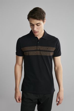 Polo Manga Curta Office Piquet Slim Fit - Preto / Marrom Caramelo