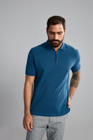 Polo Manga Curta com Zíper Comfort Premium Piquet - Azul Noturno