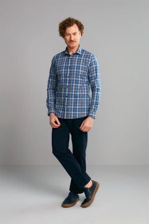 Camisa Manga Longa Xadrez Slim Fit - Azul Medio