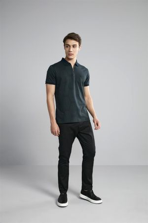 Polo Manga Curta com Zíper Premium Jacquard Slim Fit - Azul Marinho / Verde Floresta