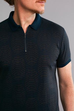 Polo Manga Curta com Zíper Premium Jacquard Slim Fit - Azul Marinho / Marrom