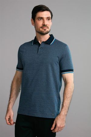 Polo Manga Curta Comfort Premium Jacquard - Azul Marinho / Azul Cyan