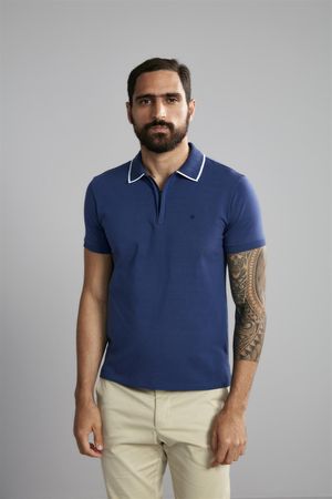 Polo Manga Curta Com Zíper Premium Malha Slim Fit - Azul Noturno