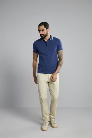 Polo Manga Curta Com Zíper Premium Malha Slim Fit - Azul Noturno